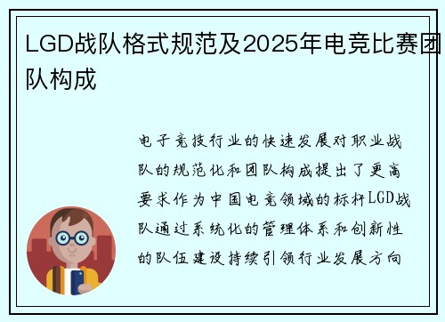 LGD战队格式规范及2025年电竞比赛团队构成